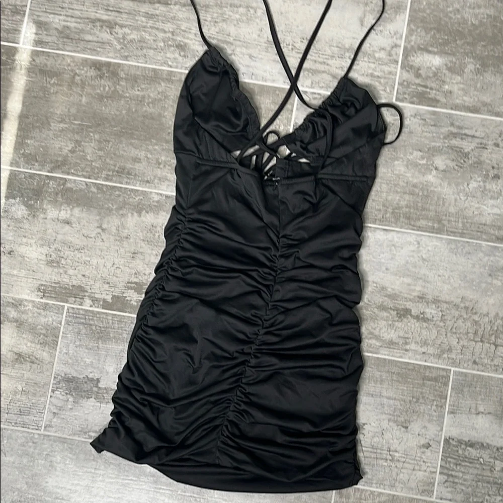 Black Bodycon Mini Dress with Spaghetti Straps - Picture 3 of 6